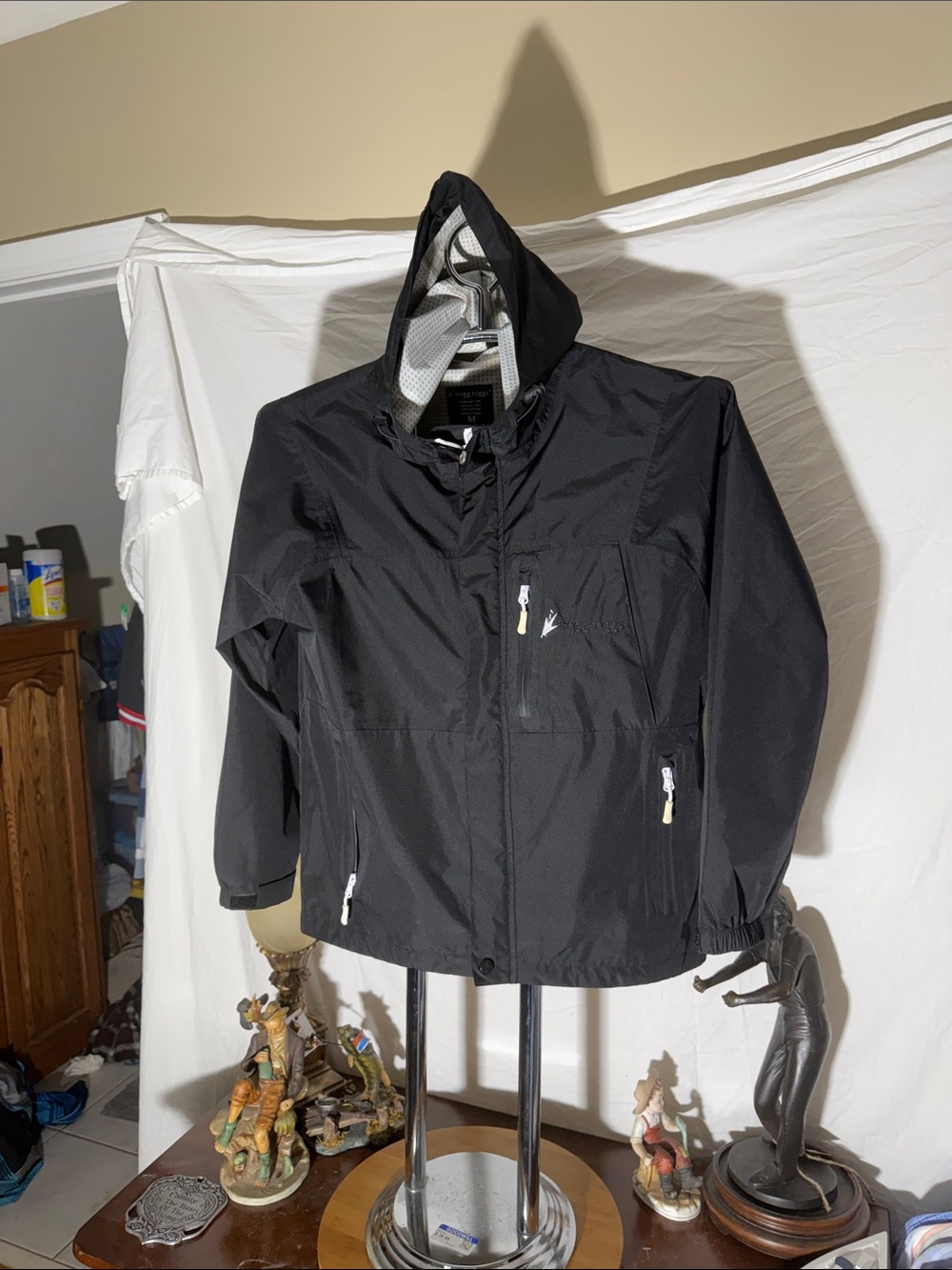 Men's Black Hooded Water-Resistant Raincoat with Zip Pockets